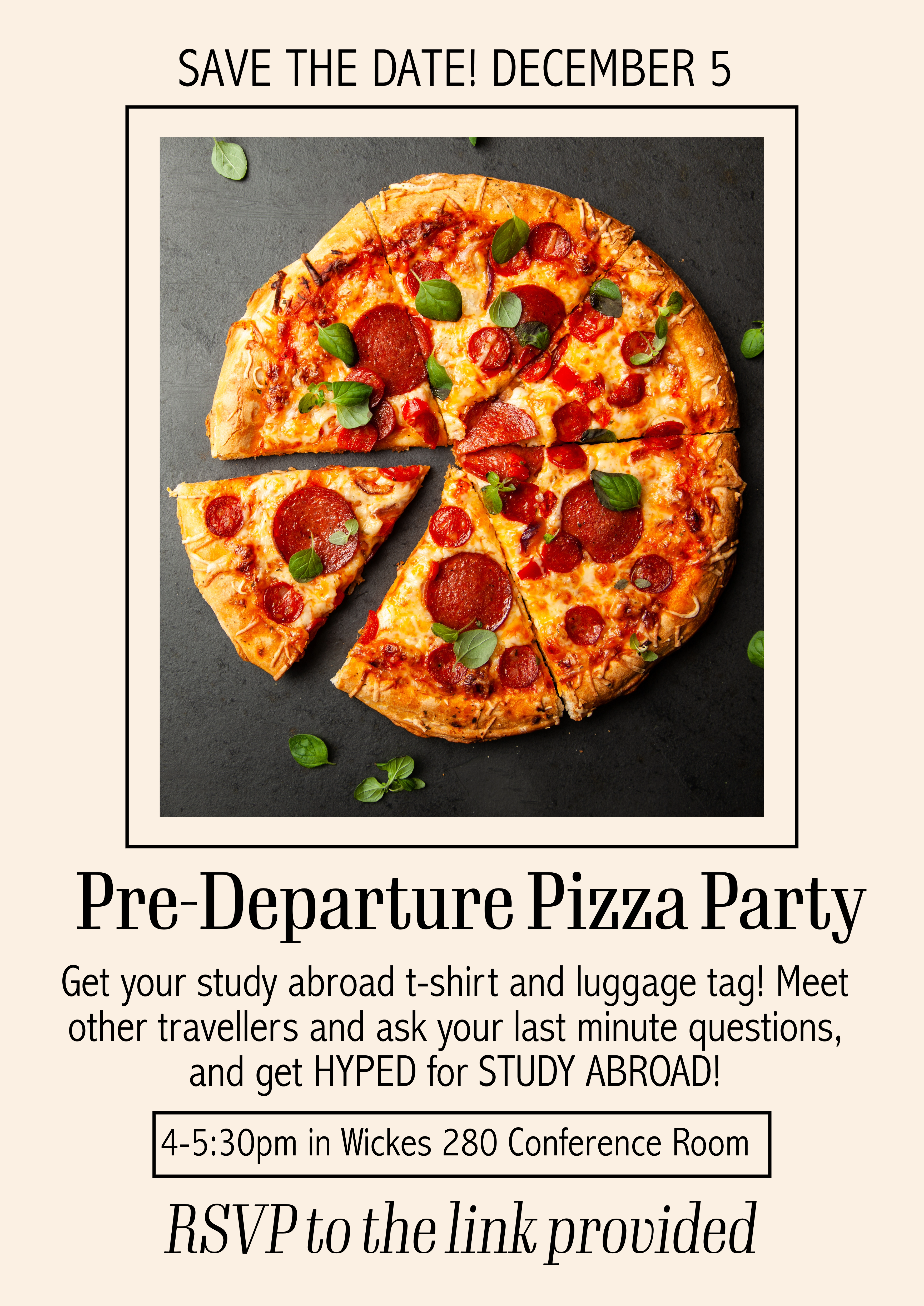 Flyer for Pre-Departure Pizza Party